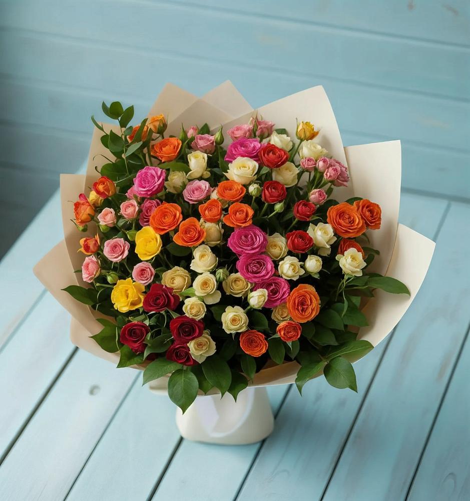 Букет Микс из разноцветных кустовых роз в Камышлове Свердловская область