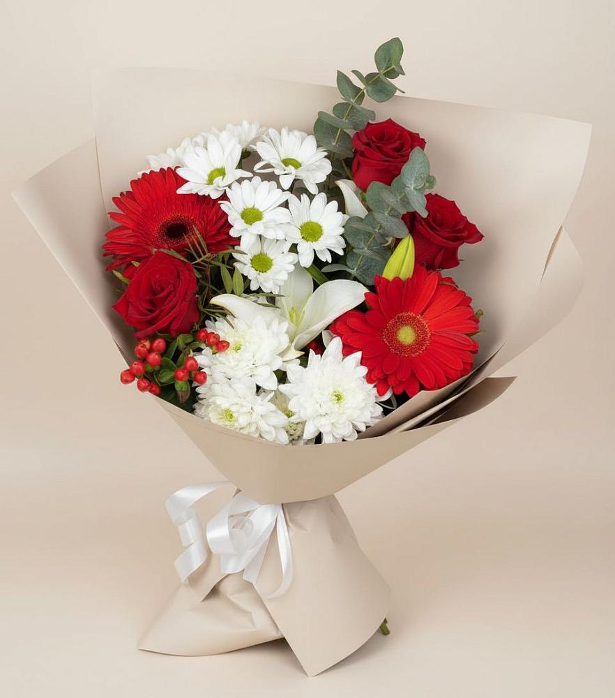 Букет цветов из: Розы, Хризантемы, Герберы и Лилии в Камышлове Свердловская область