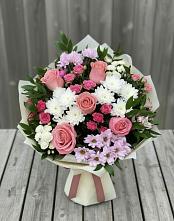 Букет цветов из:  Альстромерии, Гвоздики, Розы и Хризантемы в Камышлове Свердловская область
